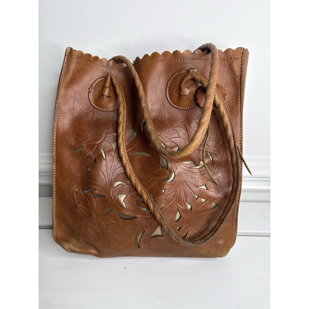Deborah Kent Genuine Leather Tote Bag Brown Floral Cutout Shoulder Purse